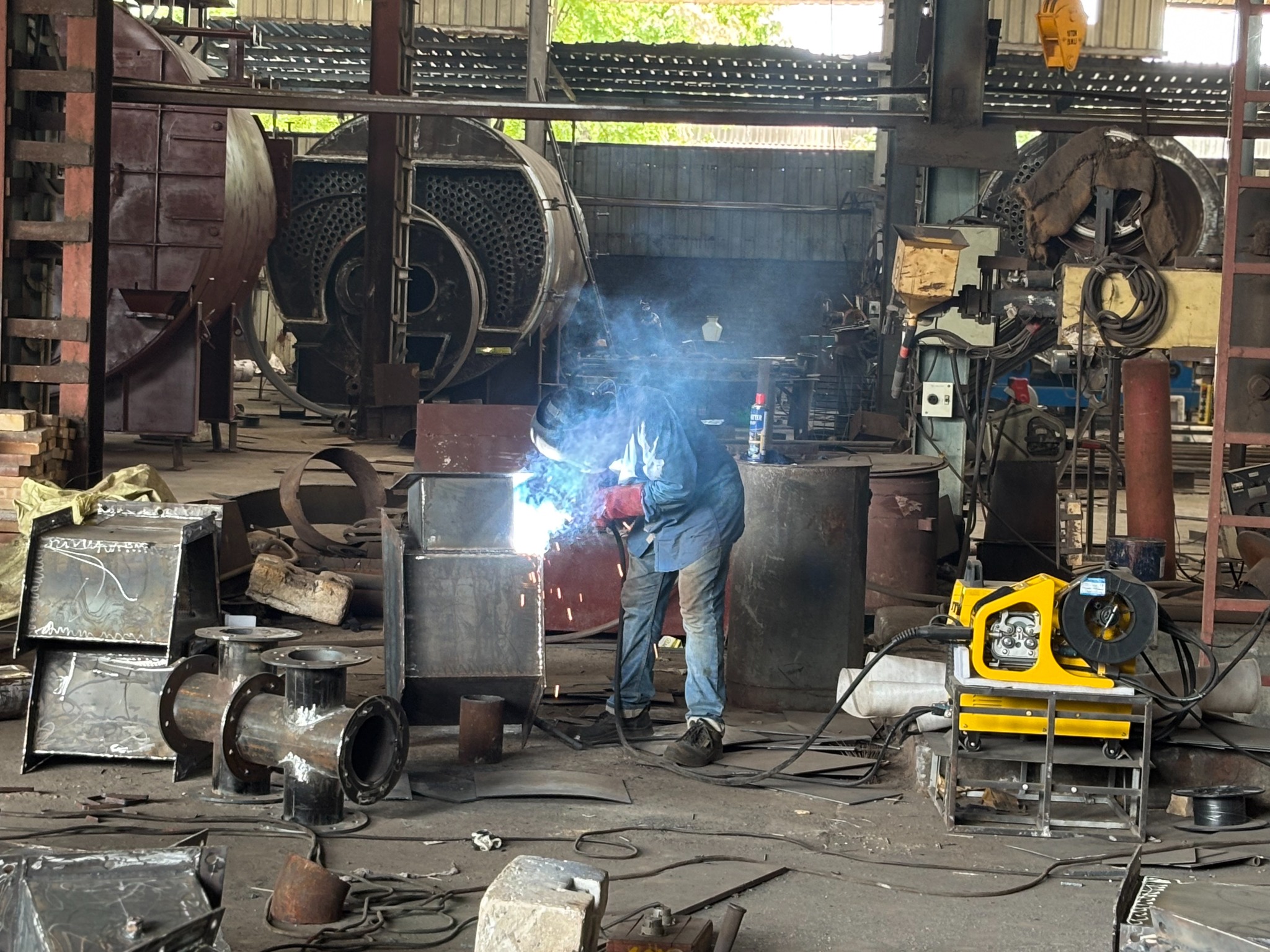 Welding work in boiler fabrication area